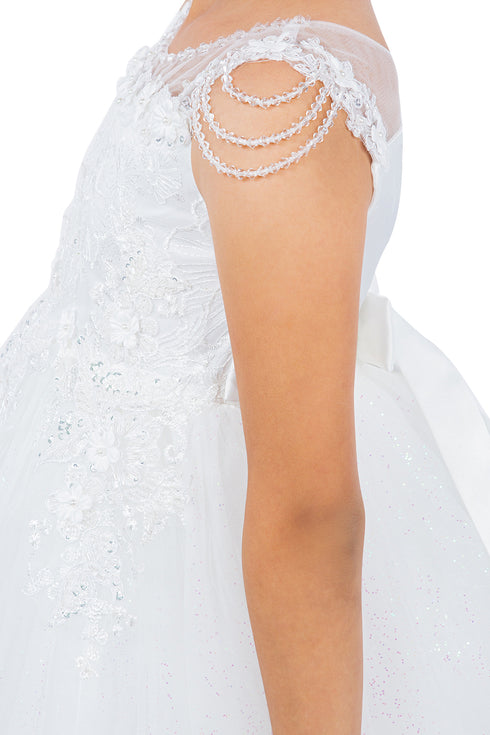 Girls Illusion Neckline Jewel Strigs Flower Girl Dress 2-16
